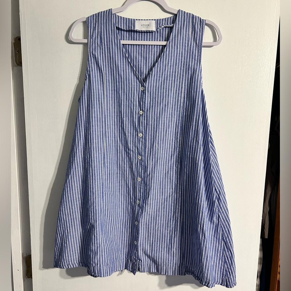 Legoe Heritage Sleeveless Button Down Blue White Striped Mini Dress Summer Beach